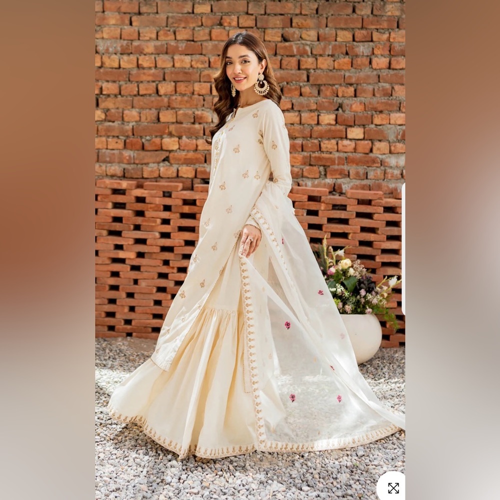 Pakistani Elegant Cream Embroidered Dress